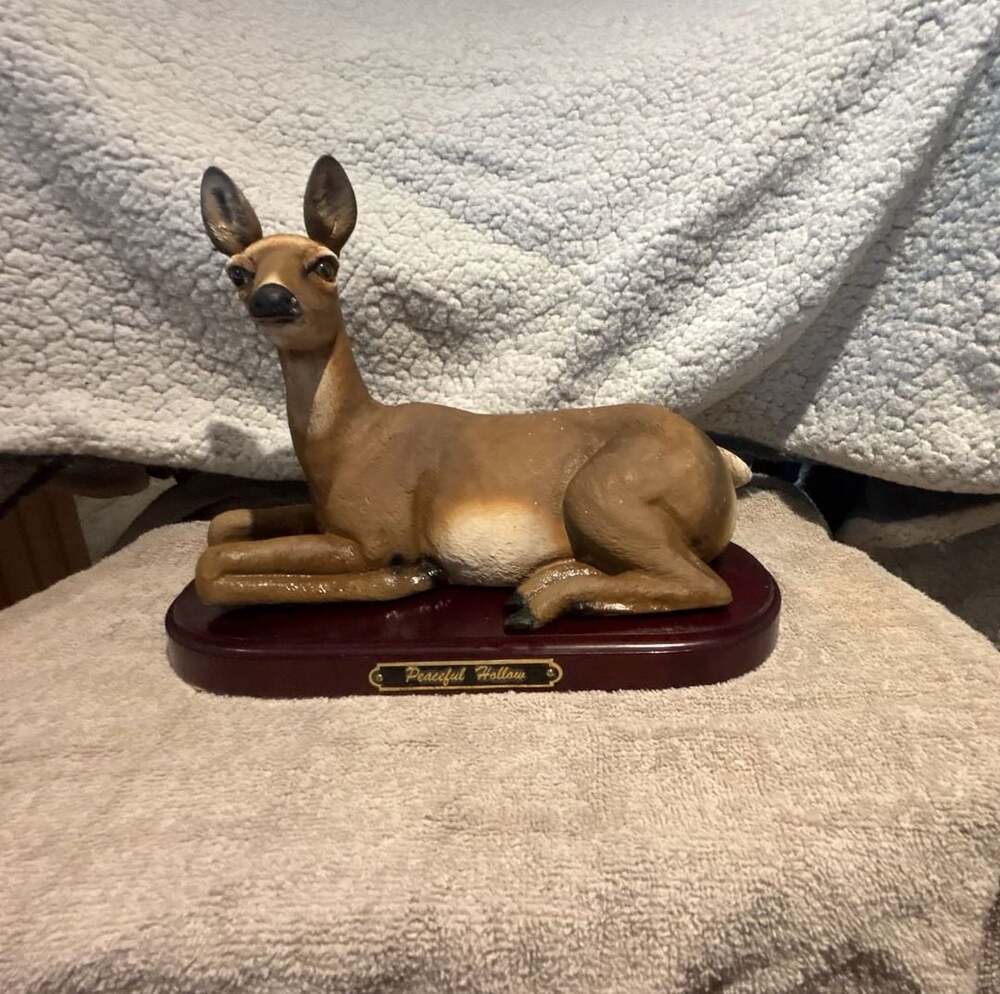 Home Interiors Peaceful Hollow Reclining Deer Figurine Statue on Wood Base